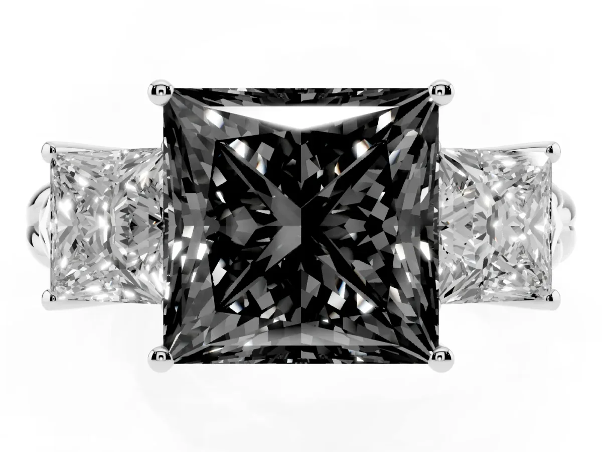 Fancy Black Three-Stone Princess Cut Diamond Braided Band Ring with Four-Prong Setting Platinum