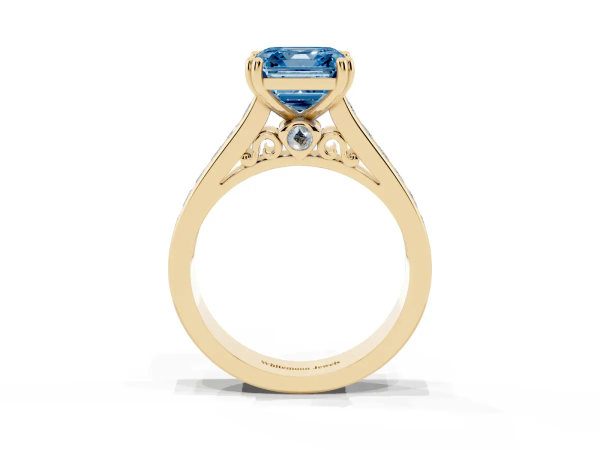 Fancy Blue Asscher Cut Cut Channel Set Solitaire Engagement Ring with Prong Setting Yellow gold