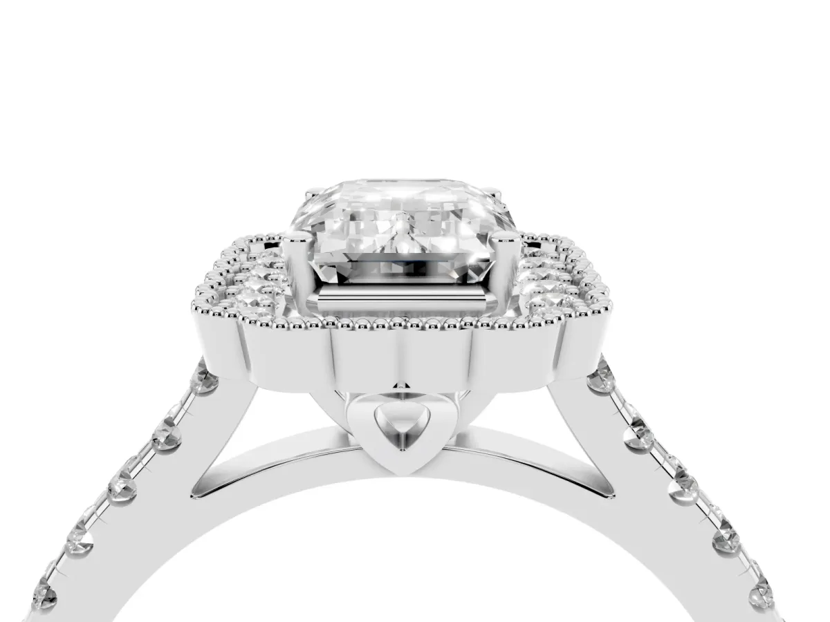 Emerald Cut Cut Diamond Milgrain Floral Halo Engagement Ring with Pavé Band Silver