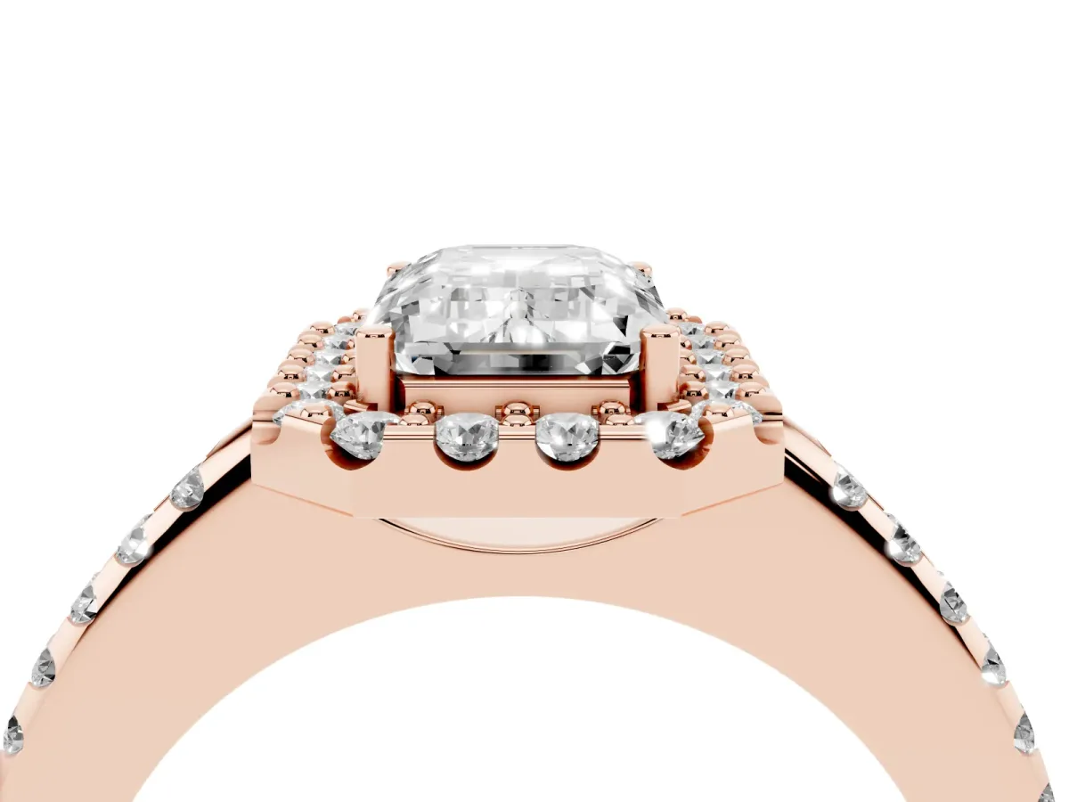 Emerald Cut Diamond Pavé Halo Ring with Four-Prong Setting Rose gold