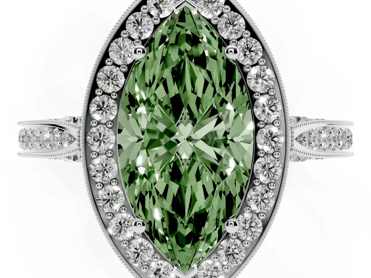 Fancy Green Marquise Cut Halo Diamond Engagement Ring with Split Shank Band and Four-Prong Setting Silver