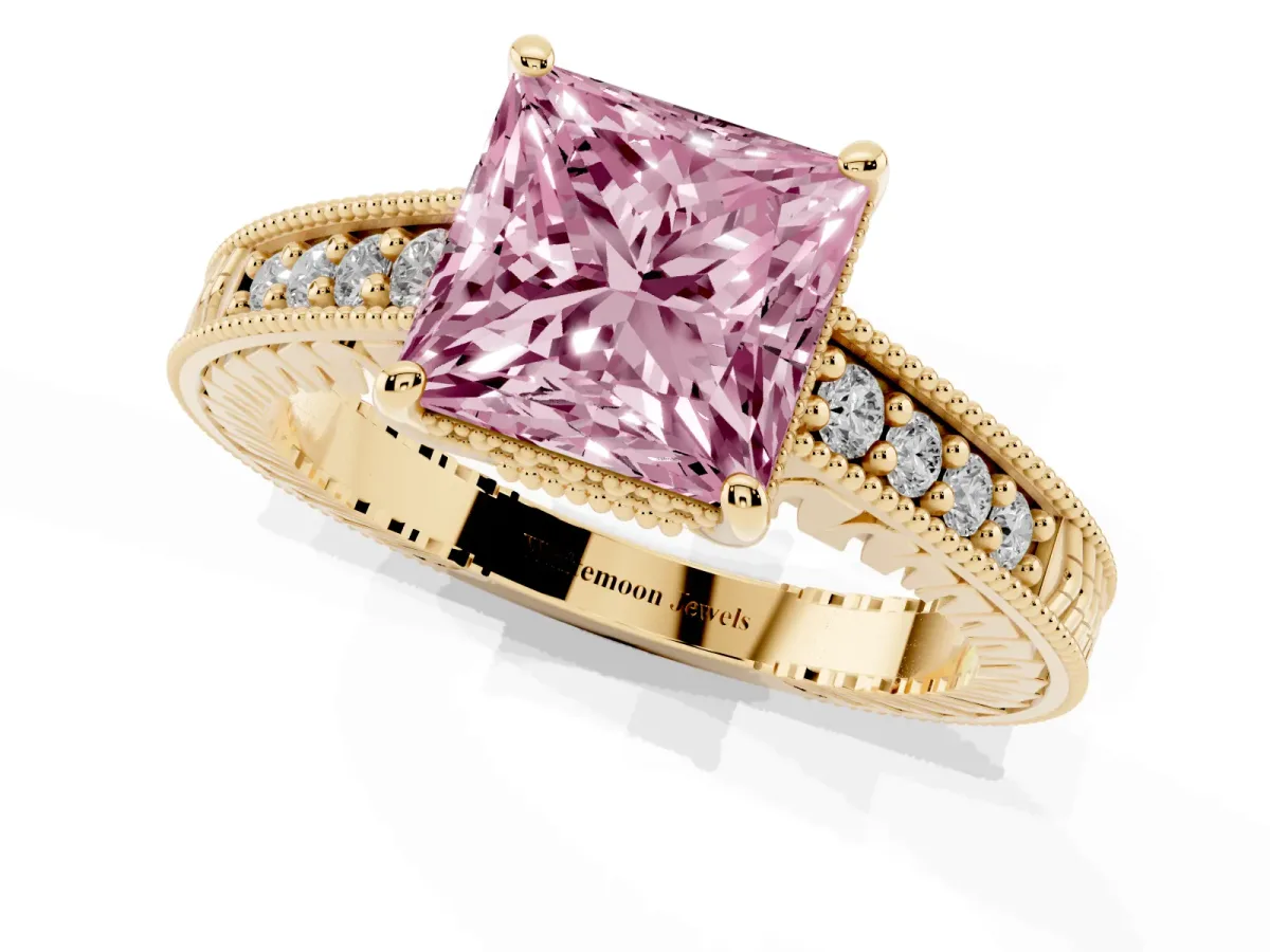 Fancy Pink Princess Cut Solitaire Pavé Diamond Milgrain Engagement Ring with Four-Prong Setting Yellow gold