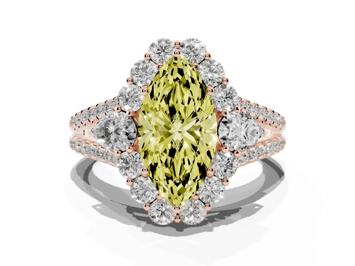 Fancy Yellow Marquise Cut Halo Split Shank Diamond Engagement Ring with Prong Setting Rose gold