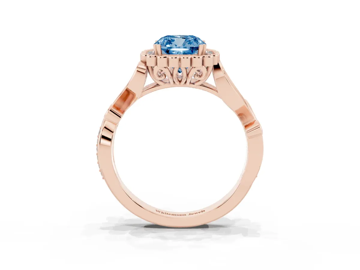 Fancy Blue Cushion Cut Diamond Halo Ring with Vintage Split Shank and Four-Prong Setting Rose gold