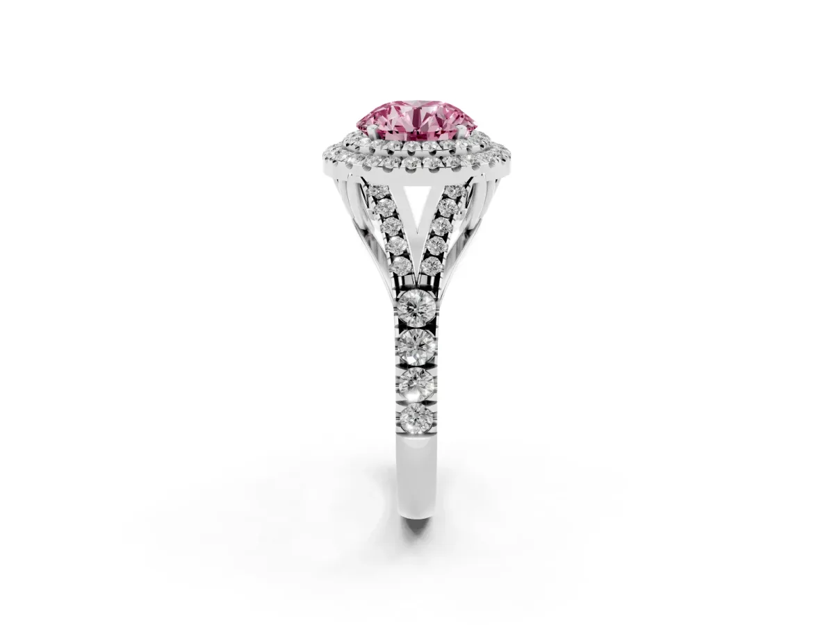Fancy Pink Round Cut Cut Double Halo Split Shank Diamond Ring with Prong Setting Silver