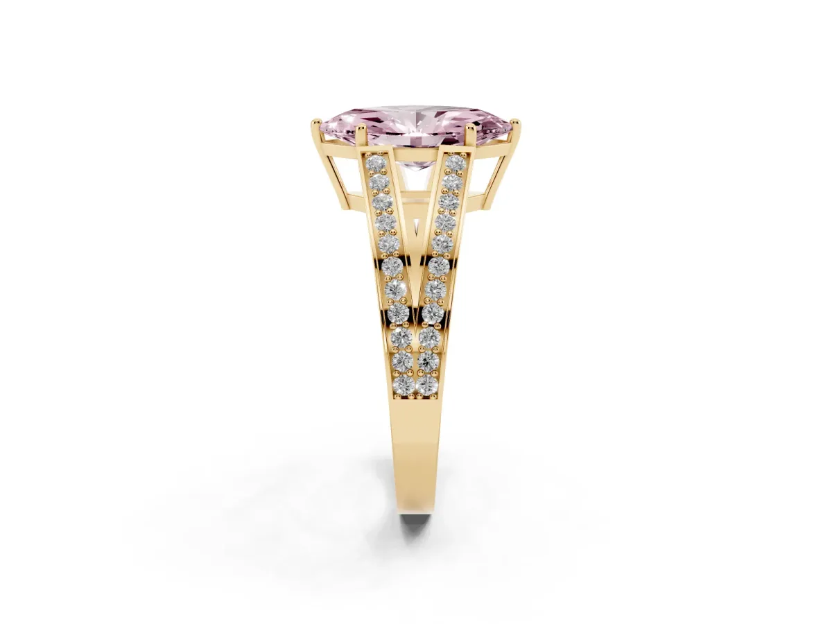 Fancy Pink Marquise Cut Diamond Split Shank Ring with Pavé Band and Four-Prong Setting Yellow gold