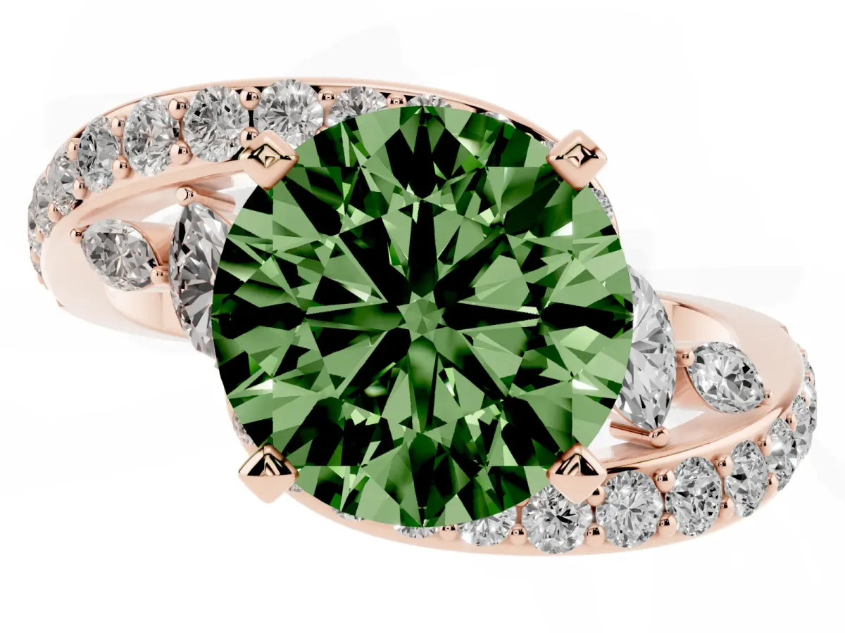 Fancy Green Round Cut Solitaire with Pavé Twist Band and Four-Prong Setting Rose gold
