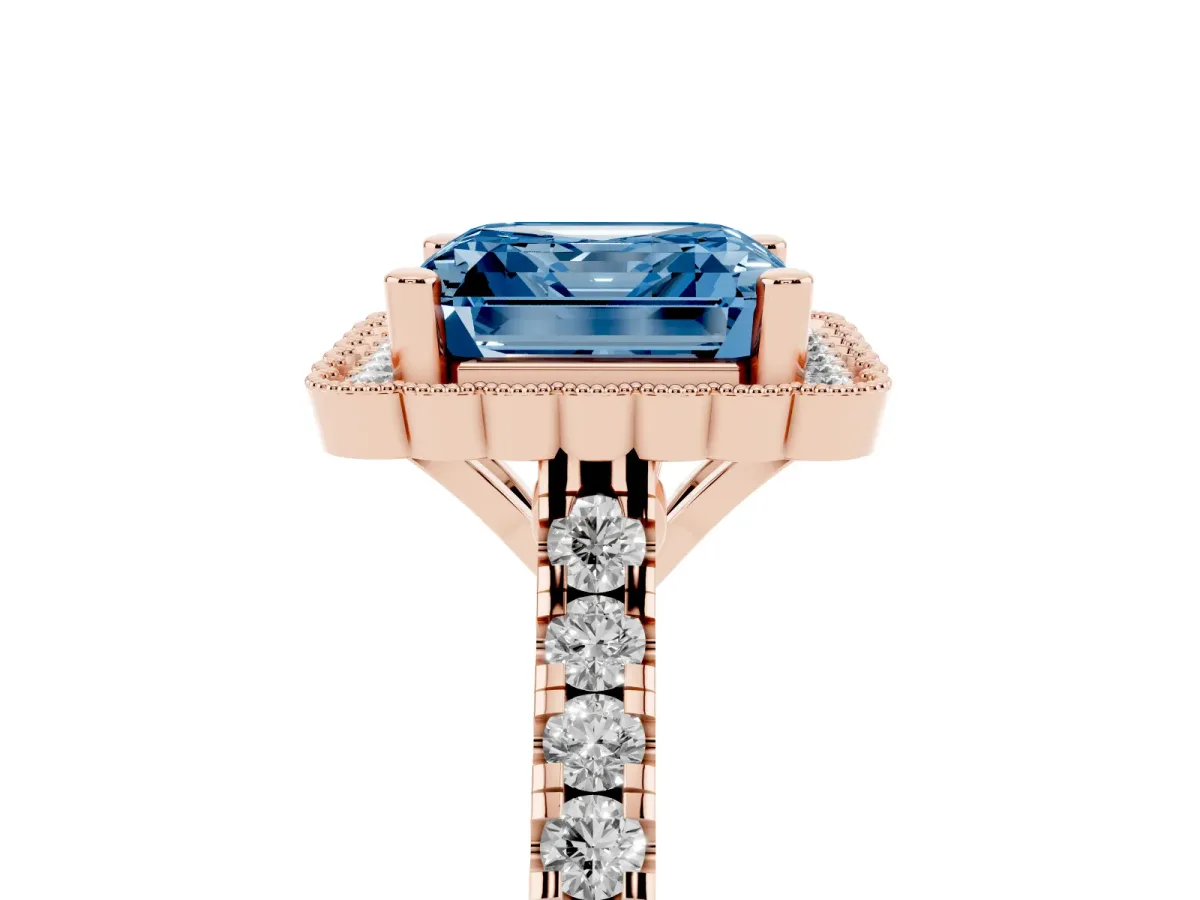 Fancy Blue Asscher Cut Cut Diamond Milgrain Floral Halo Engagement Ring with Pavé Band Rose gold