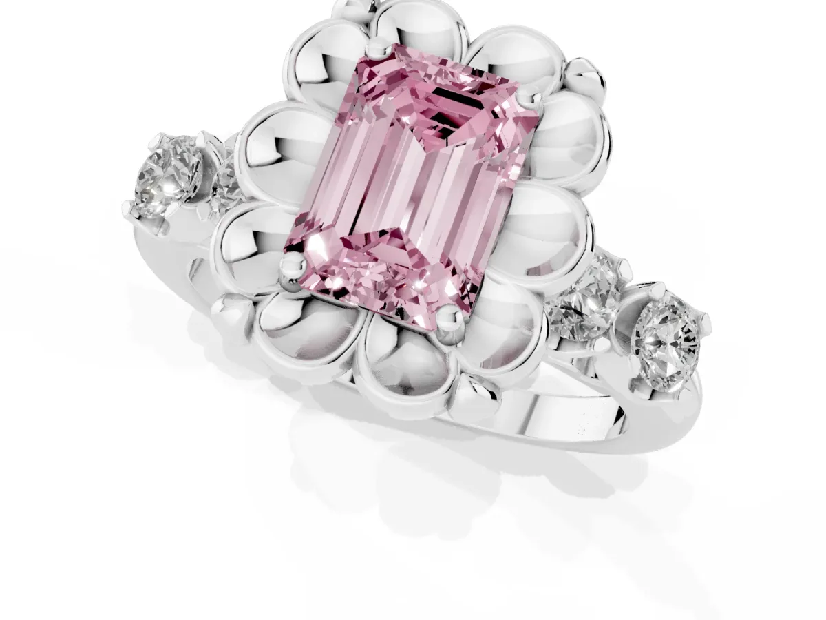Fancy Pink Emerald Cut Cut Diamond Floral Halo Engagement Ring with Shared Prong Setting Silver