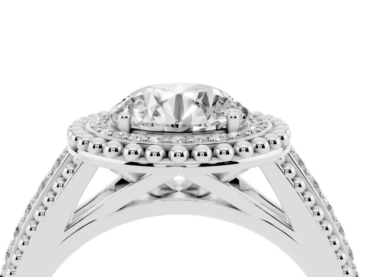 Round Cut Halo Diamond Ring with Beaded Split Shank and Four-Prong Setting Platinum