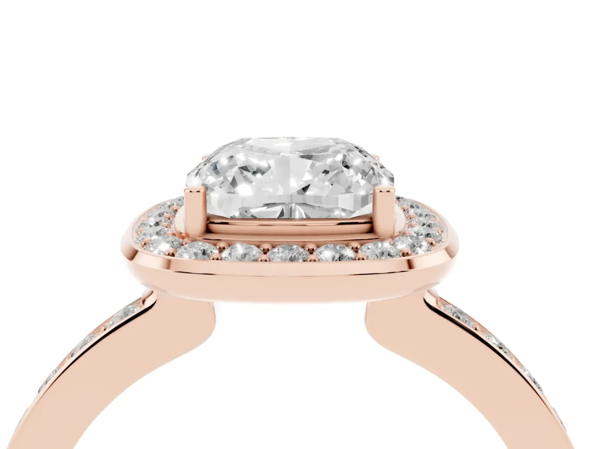 Cushion Cut Diamond Halo Ring with Bezel Frame and Pavé Band Rose gold