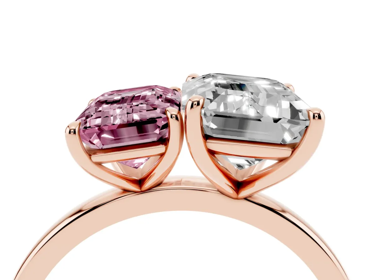 Fancy Pink Emerald Cut and Emerald Cut Toi Moi Ring with Prong Setting Rose gold