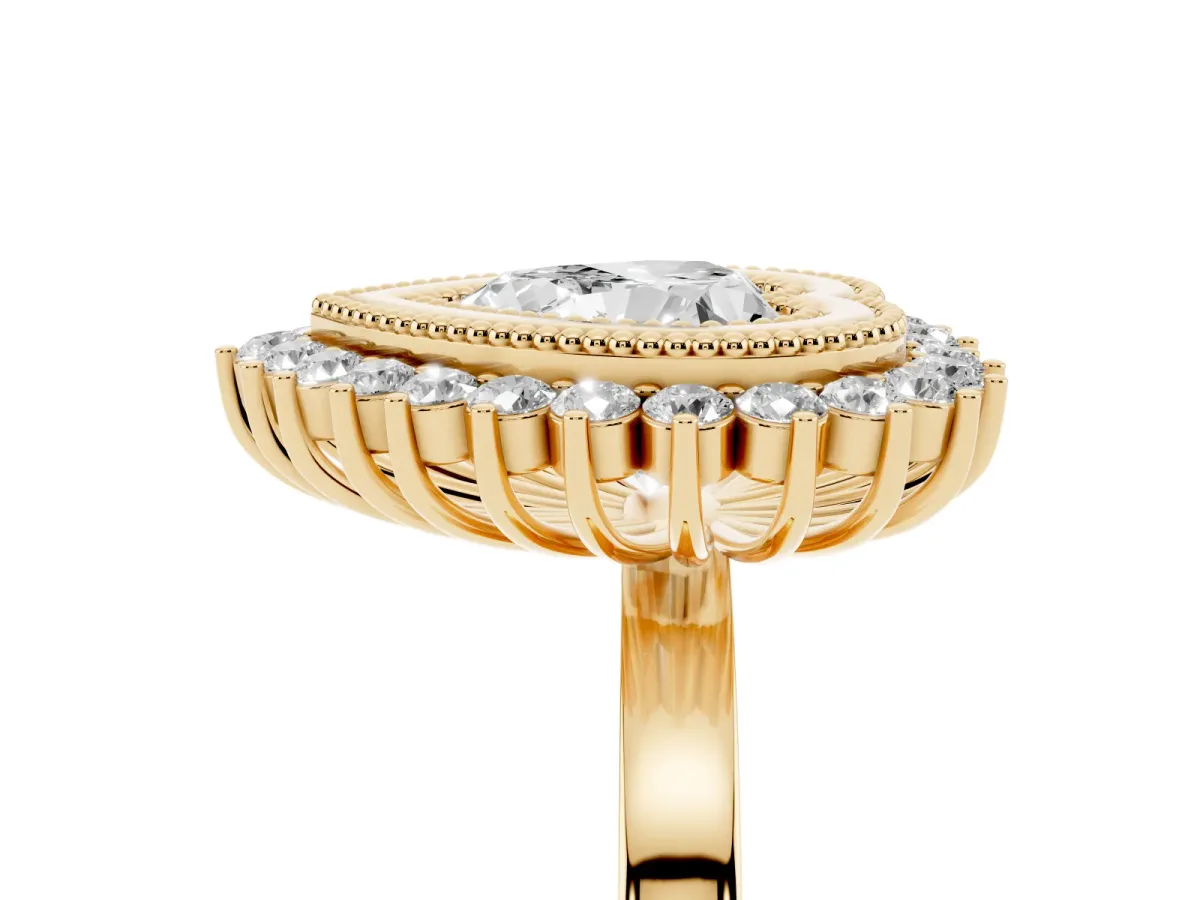 Heart Cut Halo Diamond Ring with Milgrain Edge and Round Prong Setting Yellow gold