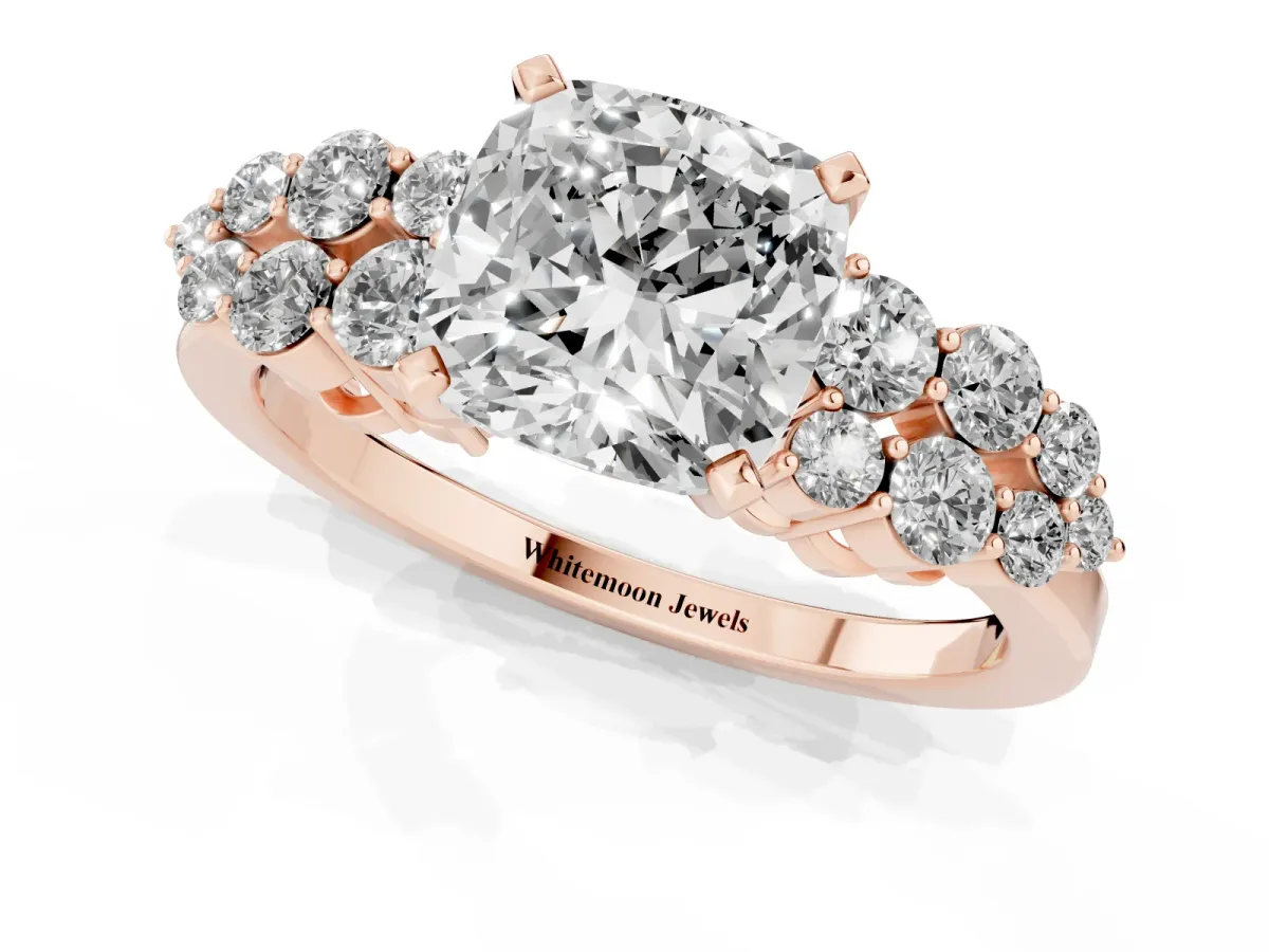 Cushion Cut Cluster Diamond Engagement Ring with Pavé Band and Four-Prong Setting Rose gold