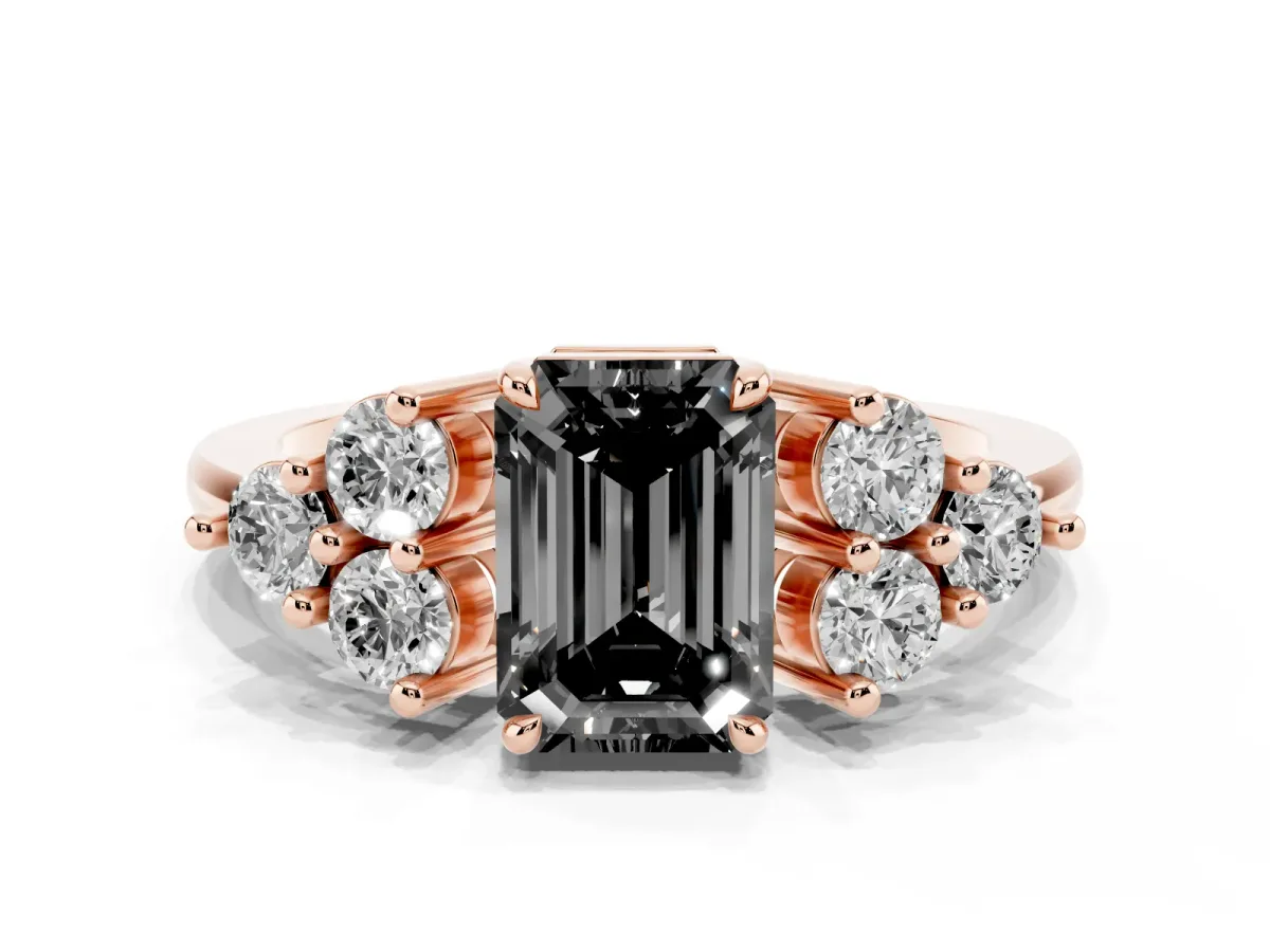 Fancy Black Emerald Cut Brilliant Diamond Cluster Accent Solitaire Ring with Prong Setting Rose gold
