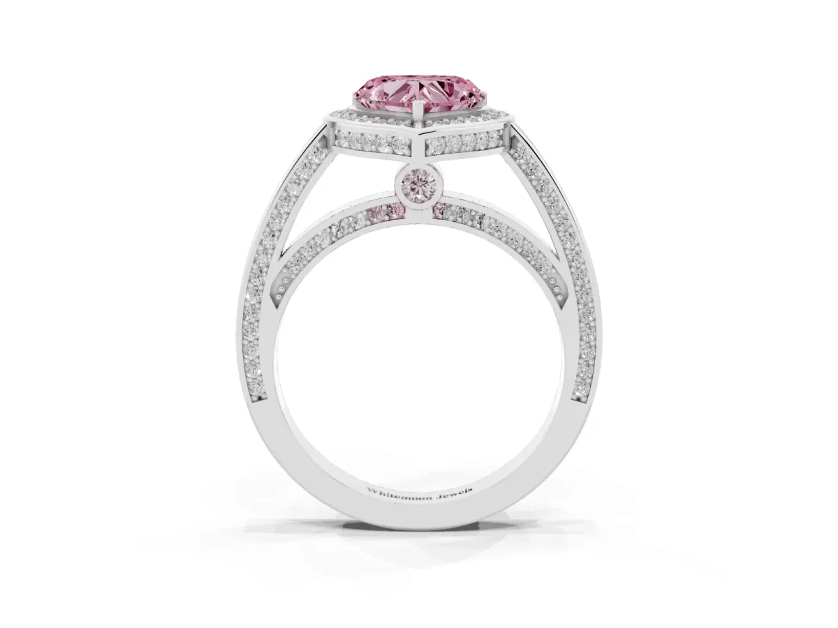 Fancy Pink Heart Cut Cut Halo Pave Split Shank Prong Setting Ring Silver