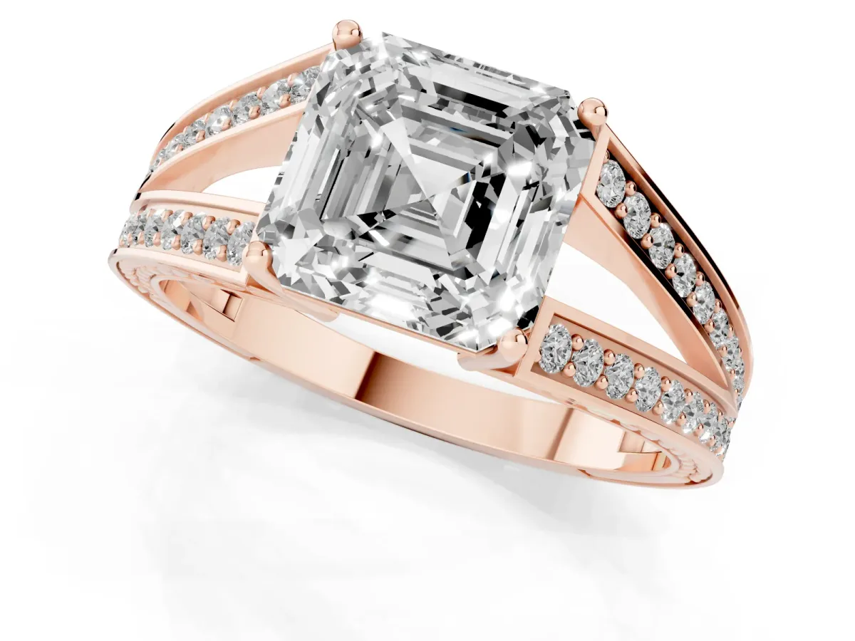 Asscher Cut Diamond Split Shank Ring with Pavé Band and Four-Prong Setting Rose gold
