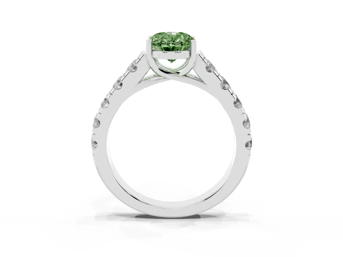 Fancy Green Oval Cut Cut Diamond Solitaire Ring with Micro Pave Band and Prong Setting Platinum
