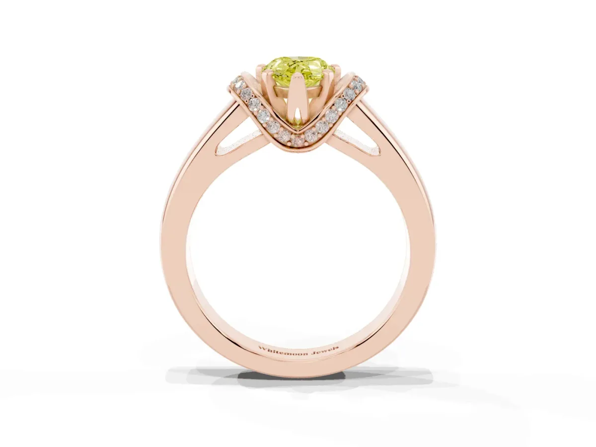 Fancy Yellow Pear Cut Solitaire Diamond Ring with Pave Band and Six-Prong Setting Rose gold
