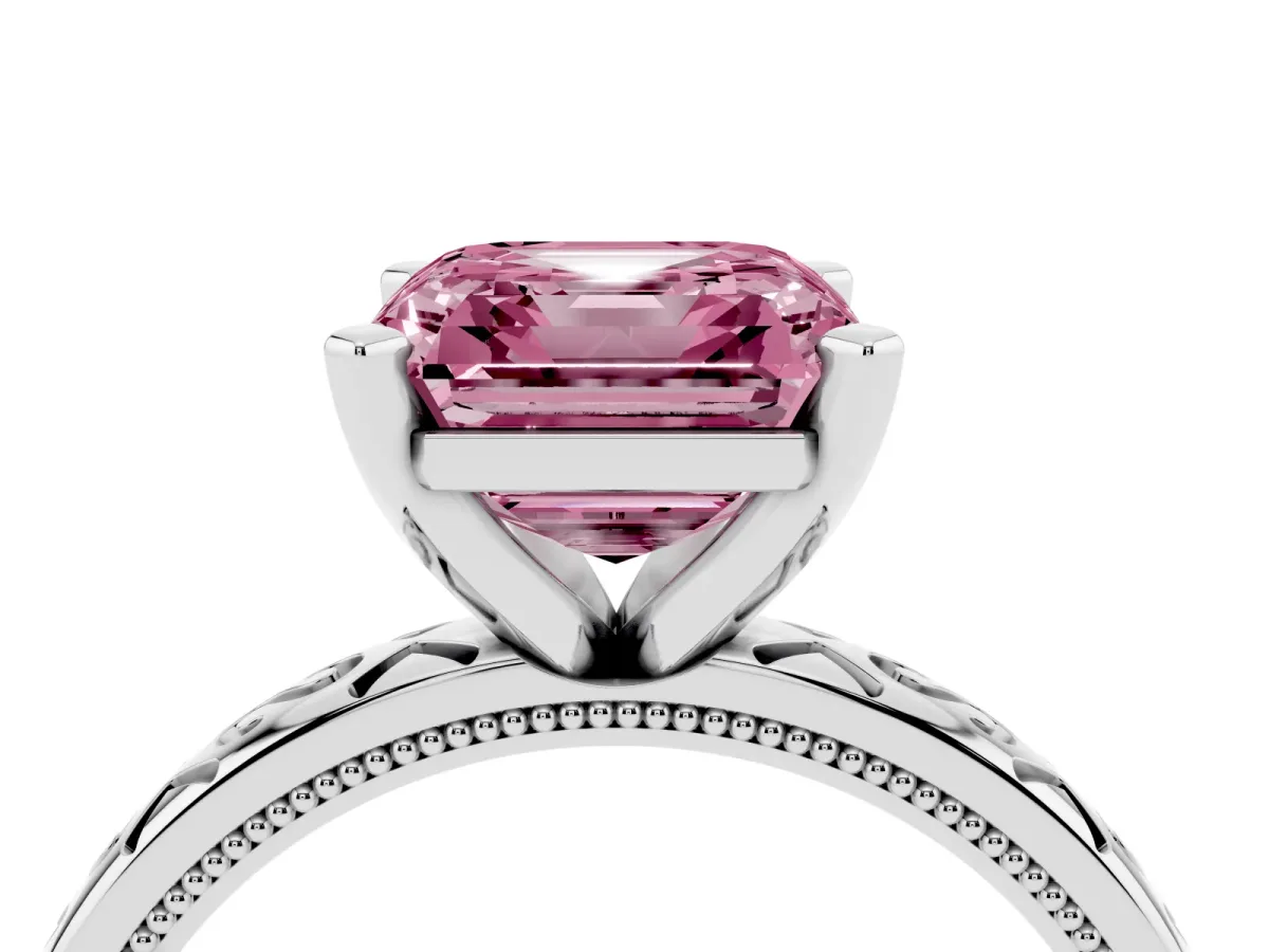 Fancy Pink Asscher Cut Solitaire Engagement Ring with Scrollwork Band and Four-Prong Setting Silver
