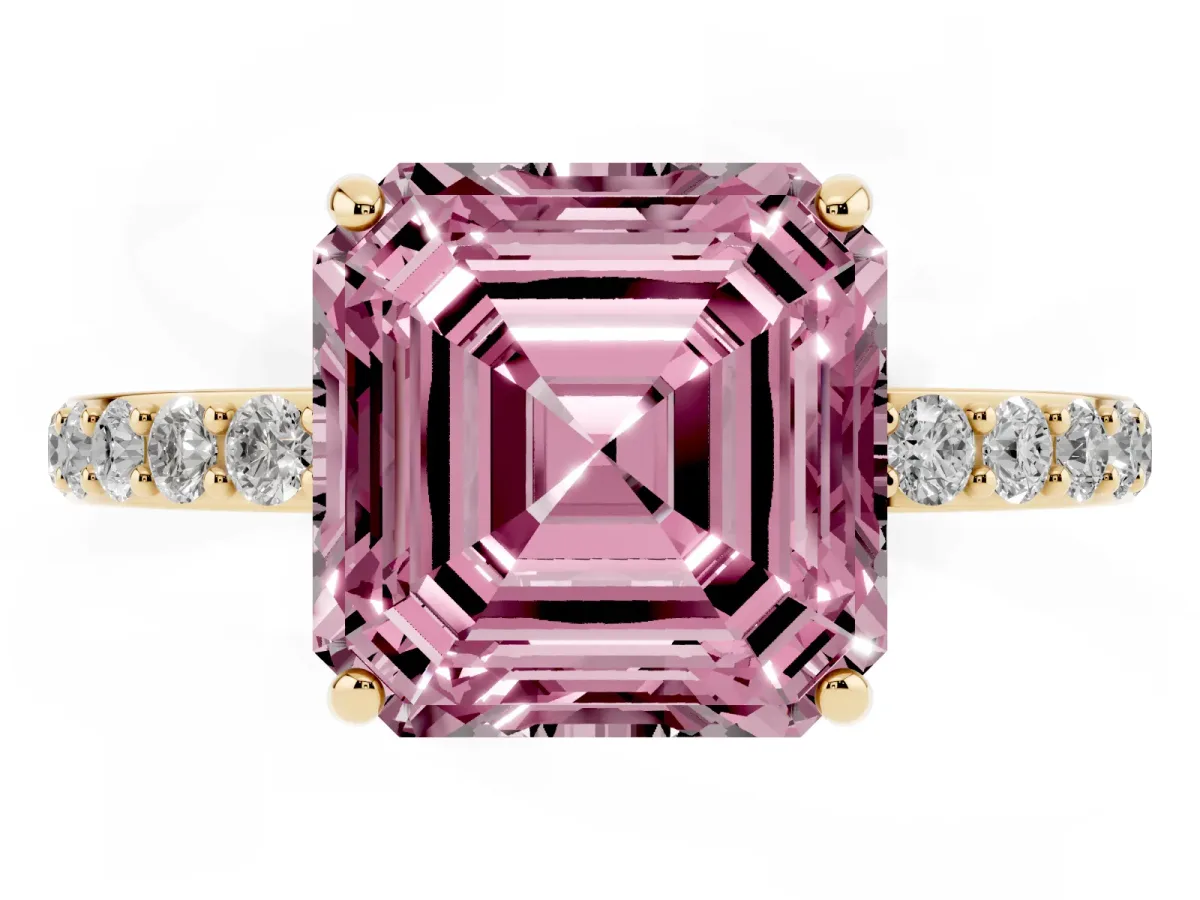 Fancy Pink Asscher Cut Diamond Solitaire Ring with Round Pavé Shoulders and Prong Setting Yellow gold