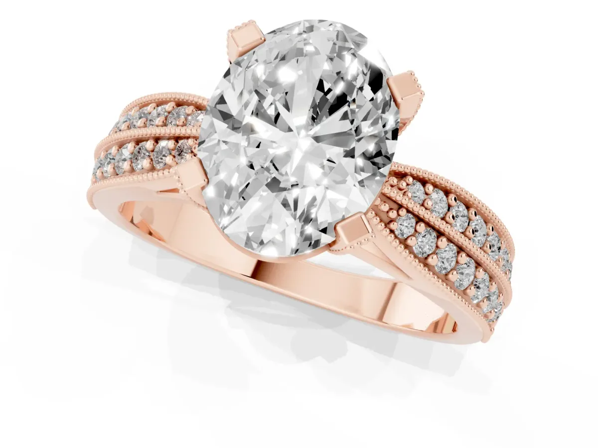 Oval Cut Diamond Solitaire Ring with Milgrain Round Pavé Band and Prong Setting Rose gold