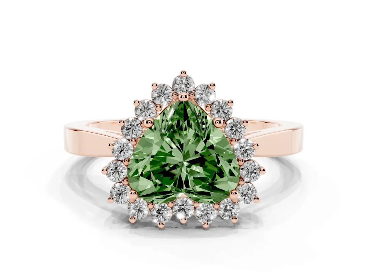 Fancy Green Heart Cut Cut Diamond Halo Ring with Round Brilliant Halo and Solitaire Band Rose gold
