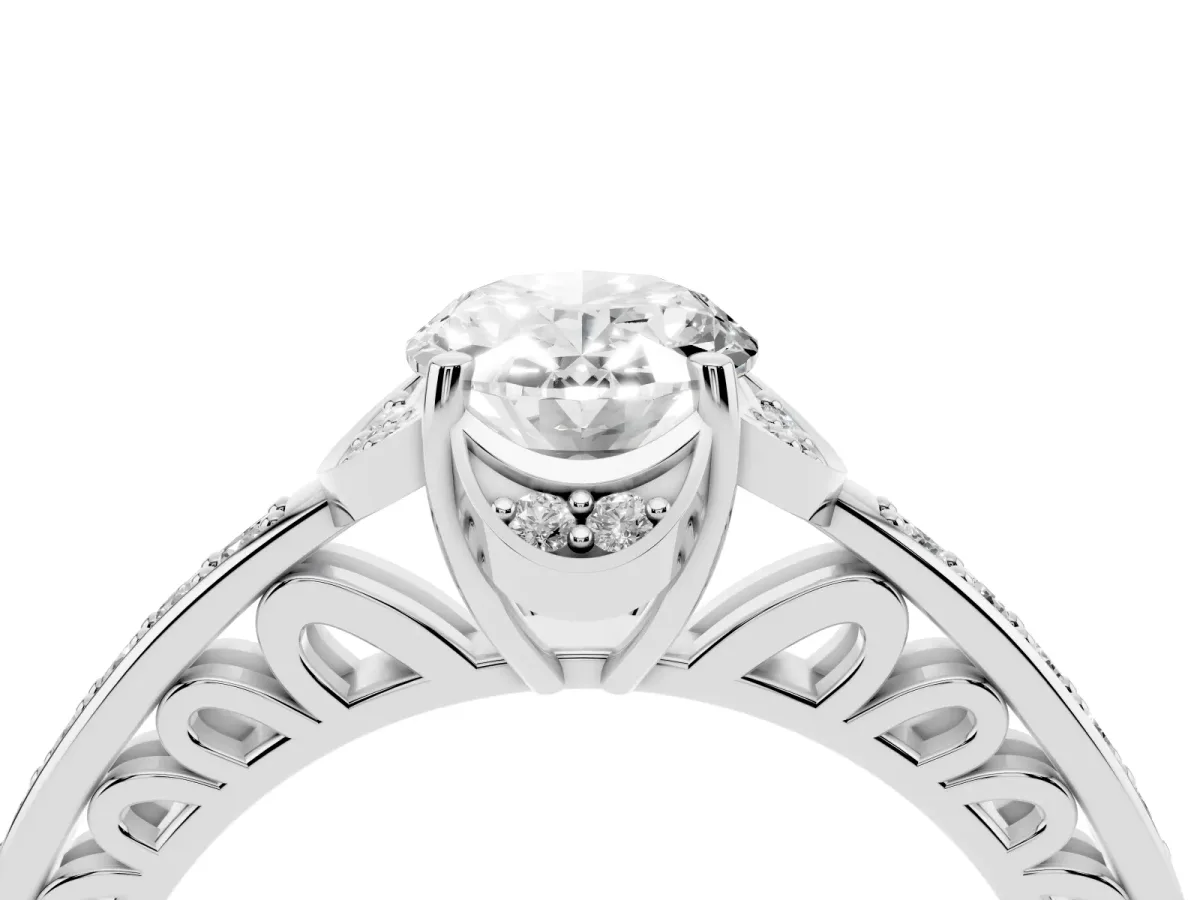 Oval Cut Cut Halo Diamond Ring with Channel Set Band and Four-Prong Setting White gold