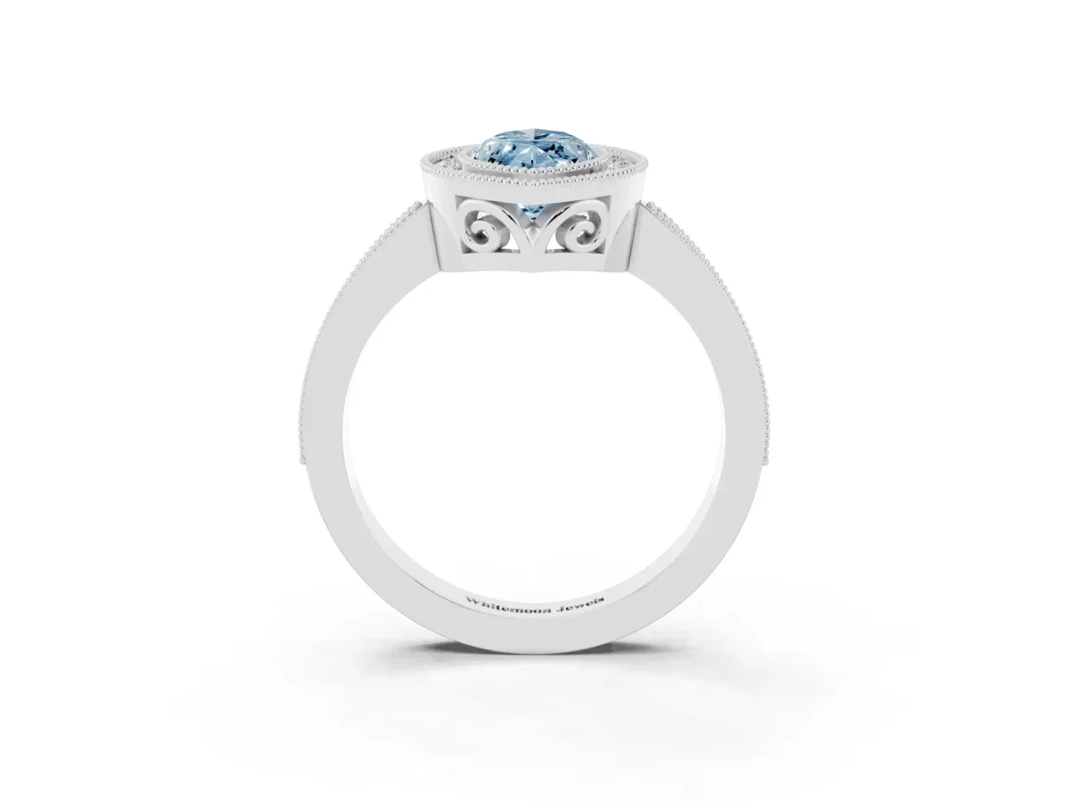 Fancy Blue Marquise Cut Cut Halo Diamond Ring with Pavé Band and Milgrain Prong Setting Platinum