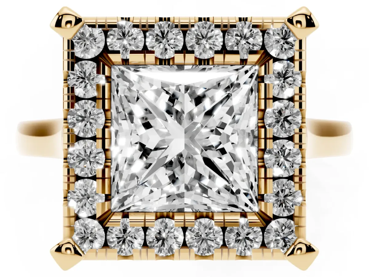 Princess Cut Diamond Cluster Halo Solitaire with Four-Prong Setting Yellow gold