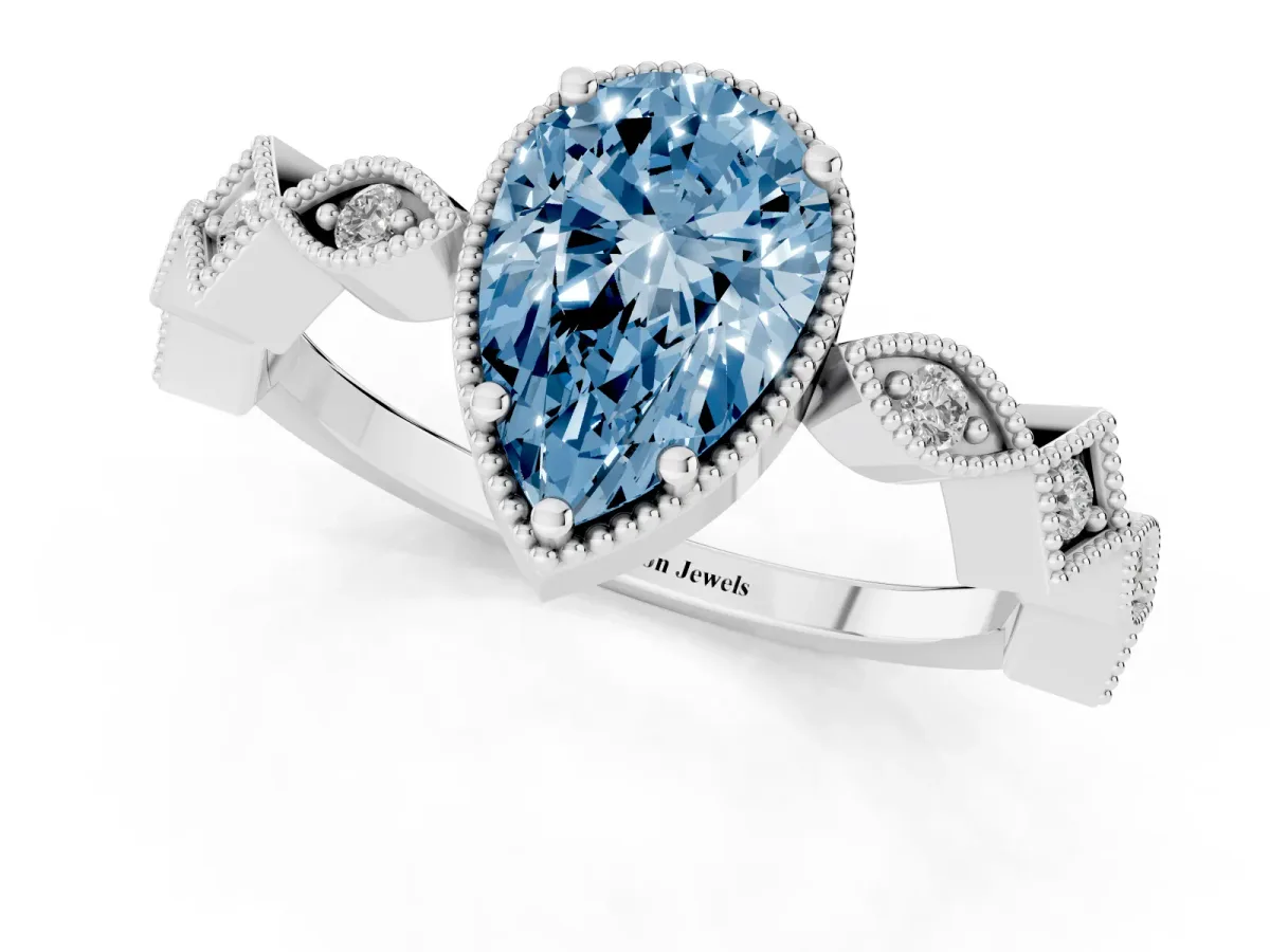 Fancy Blue Pear Cut Milgrain Marquise Diamond Twist Band Ring Platinum