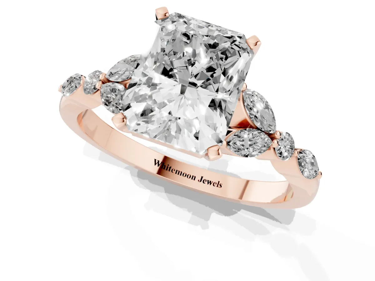 Radiant Cut Diamond Solitaire Ring with Side Stones and Four-Prong Setting Rose gold