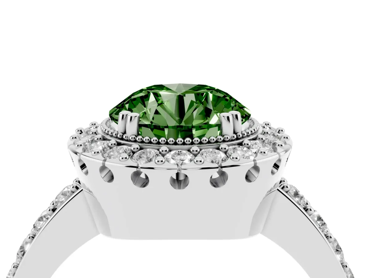 Fancy Green Round Cut Diamond Halo Ring with Pavé Band and Prong Setting Platinum
