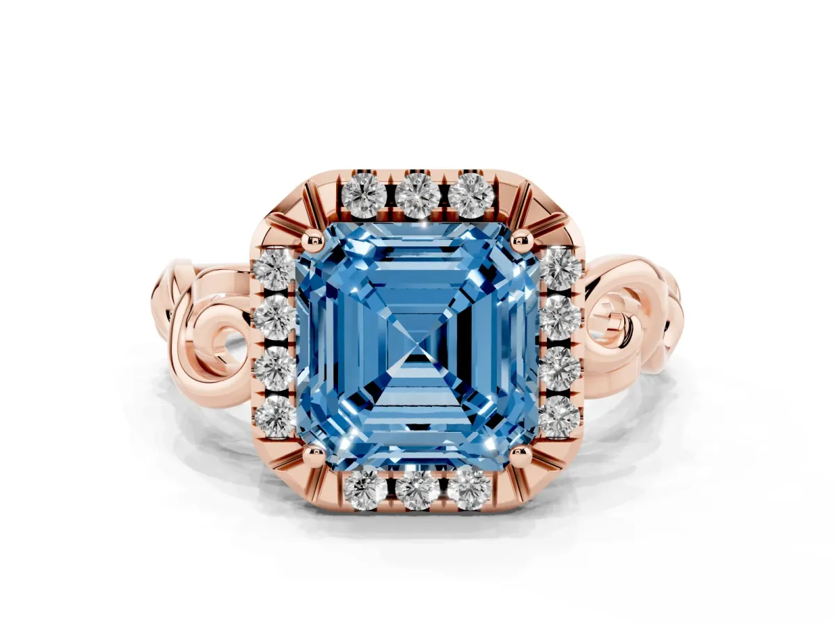 Fancy Blue Asscher Cut Cut Halo Diamond Ring with Scrollwork Band and Four-Prong Setting Rose gold