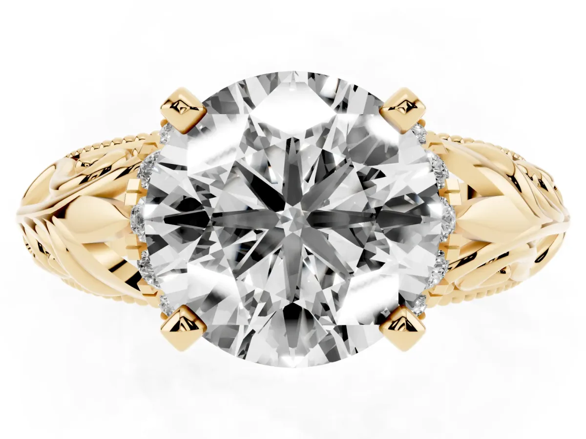 Round Cut Solitaire Filigree Engagement Ring with Halo and Prong Setting Yellow gold