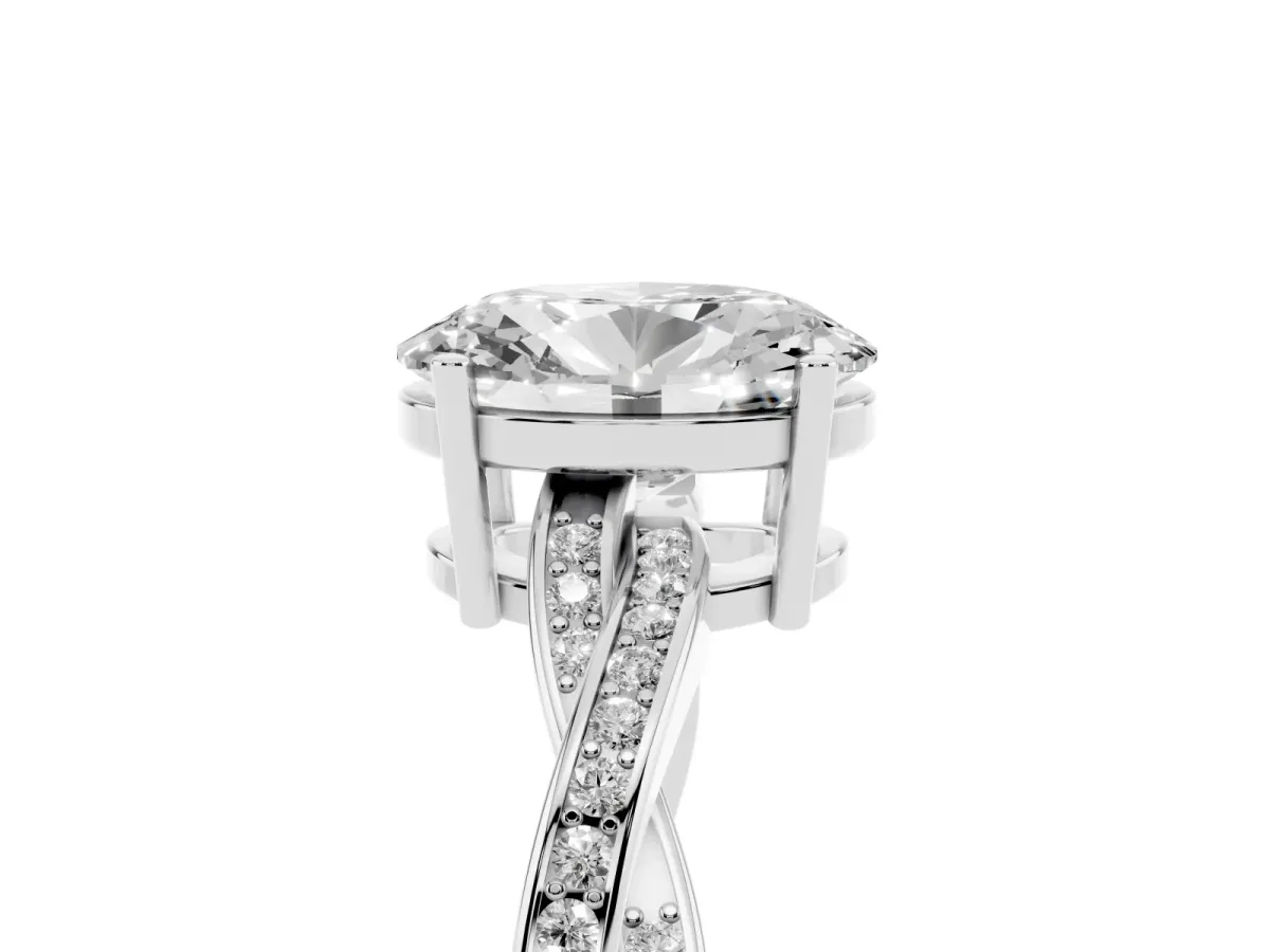 Oval Cut Solitaire Twisted Pave Diamond Ring with Four-Prong Setting Silver
