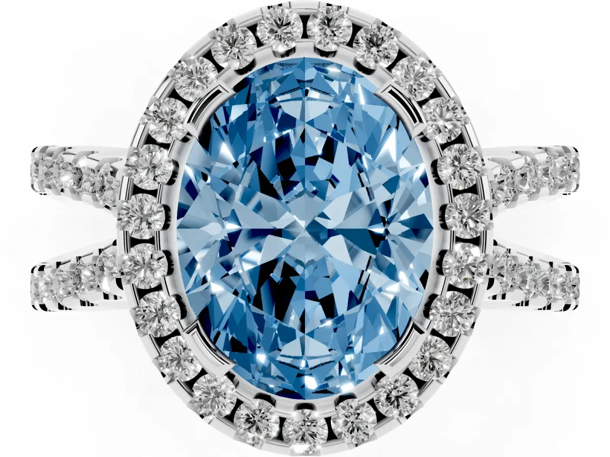Fancy Blue Oval Cut Diamond Halo Ring with Split Shank Pavé Band and Prong Setting Silver