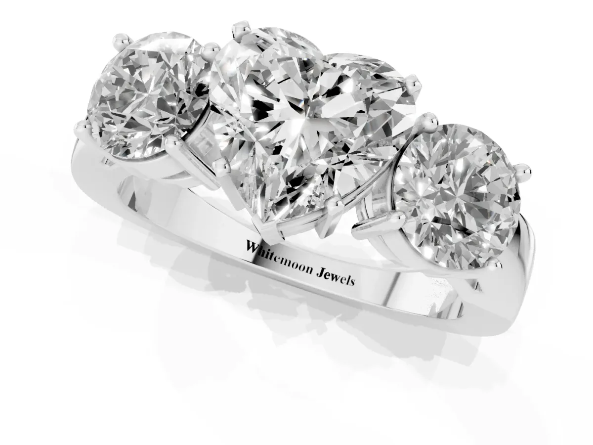 Three-Stone Heart Cut Diamond Ring with Round Side Stones, Classic Band, and Four-Prong Setting Silver