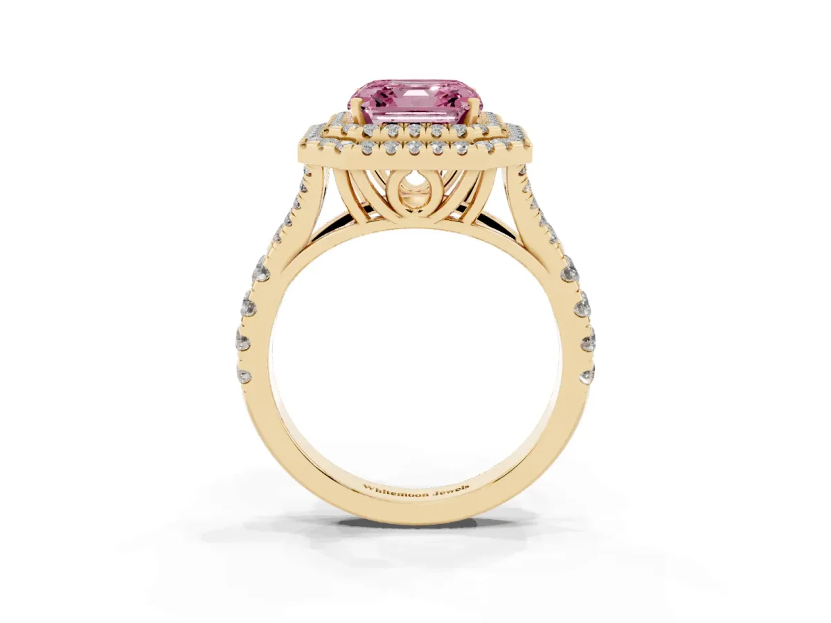 Fancy Pink Asscher Cut Diamond Pavé Split Shank Double Halo Engagement Ring Yellow gold