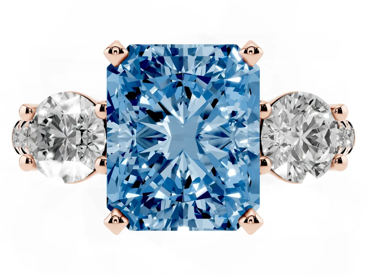 Fancy Blue Three-Stone Radiant Cut Diamond Pavé Band with Four-Prong Setting Rose gold