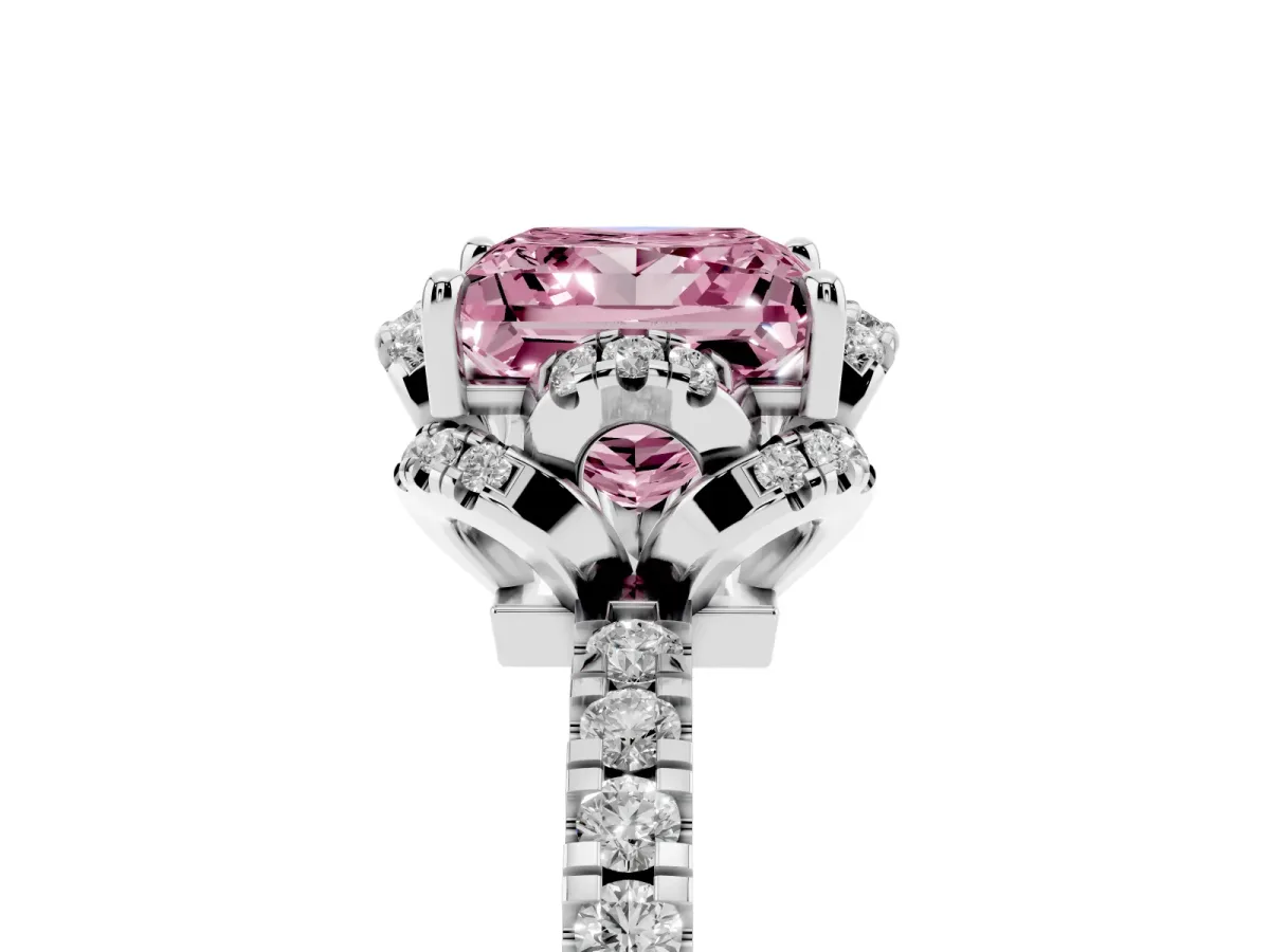 Fancy Pink Princess Cut Halo Diamond Pave Band Ring with Four-Prong Setting White gold