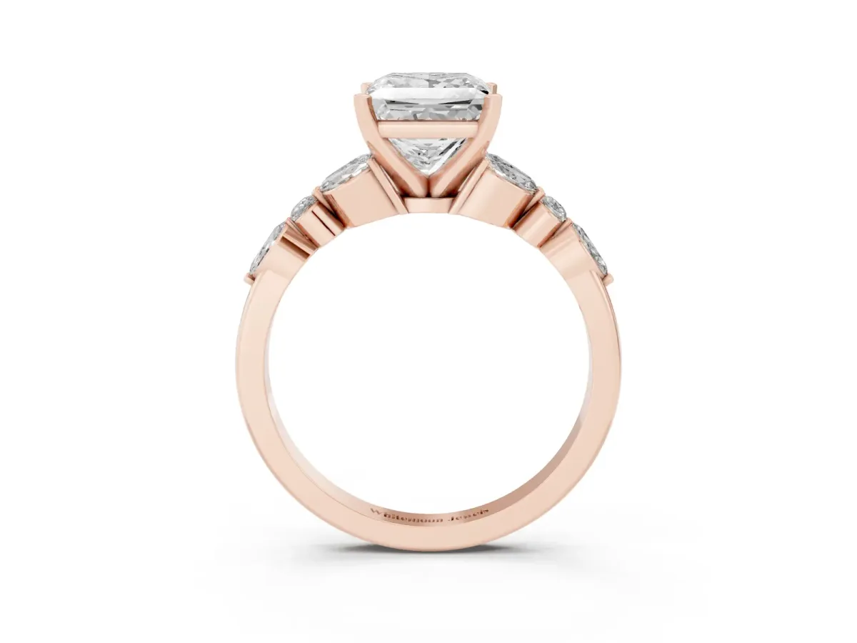 Princess Cut Diamond Solitaire Ring with Side Stones and Four-Prong Setting Rose gold