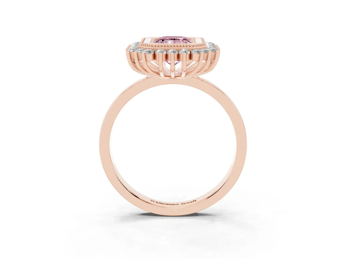 Fancy Pink Emerald Cut Halo Diamond Ring with Milgrain Edge and Round Prong Setting Rose gold