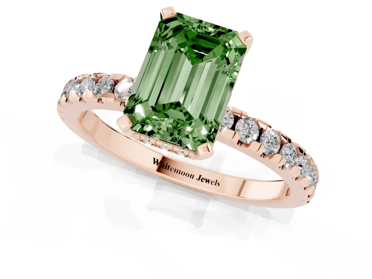 Fancy Green Emerald Cut Diamond Solitaire Ring with Round Pavé Band and Four-Prong Setting Rose gold