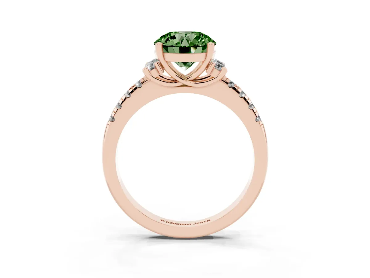 Fancy Green Round Cut Diamond Three-Stone Pave Band with Four-Prong Setting Rose gold