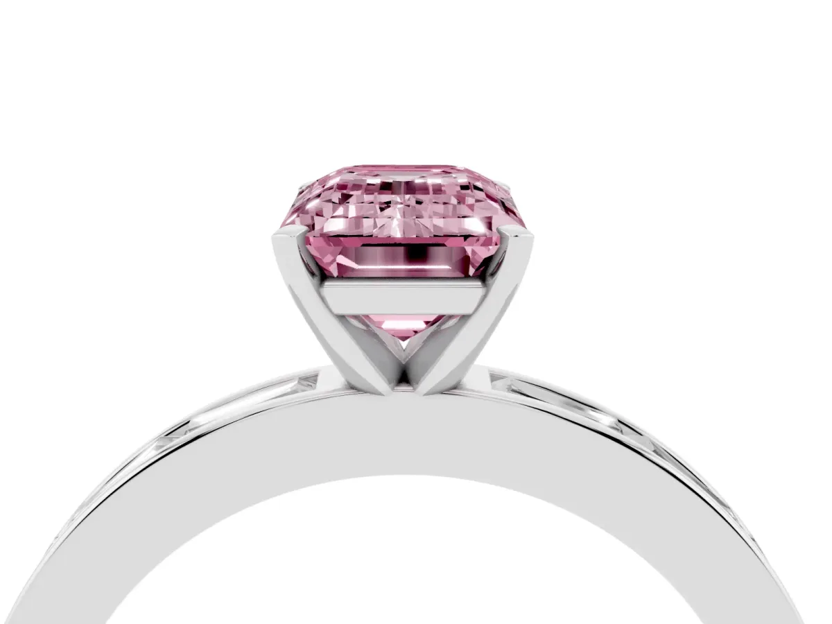 Fancy Pink Emerald Cut Solitaire Diamond Ring with Channel-Set Baguette Band and Four-Prong Setting White gold
