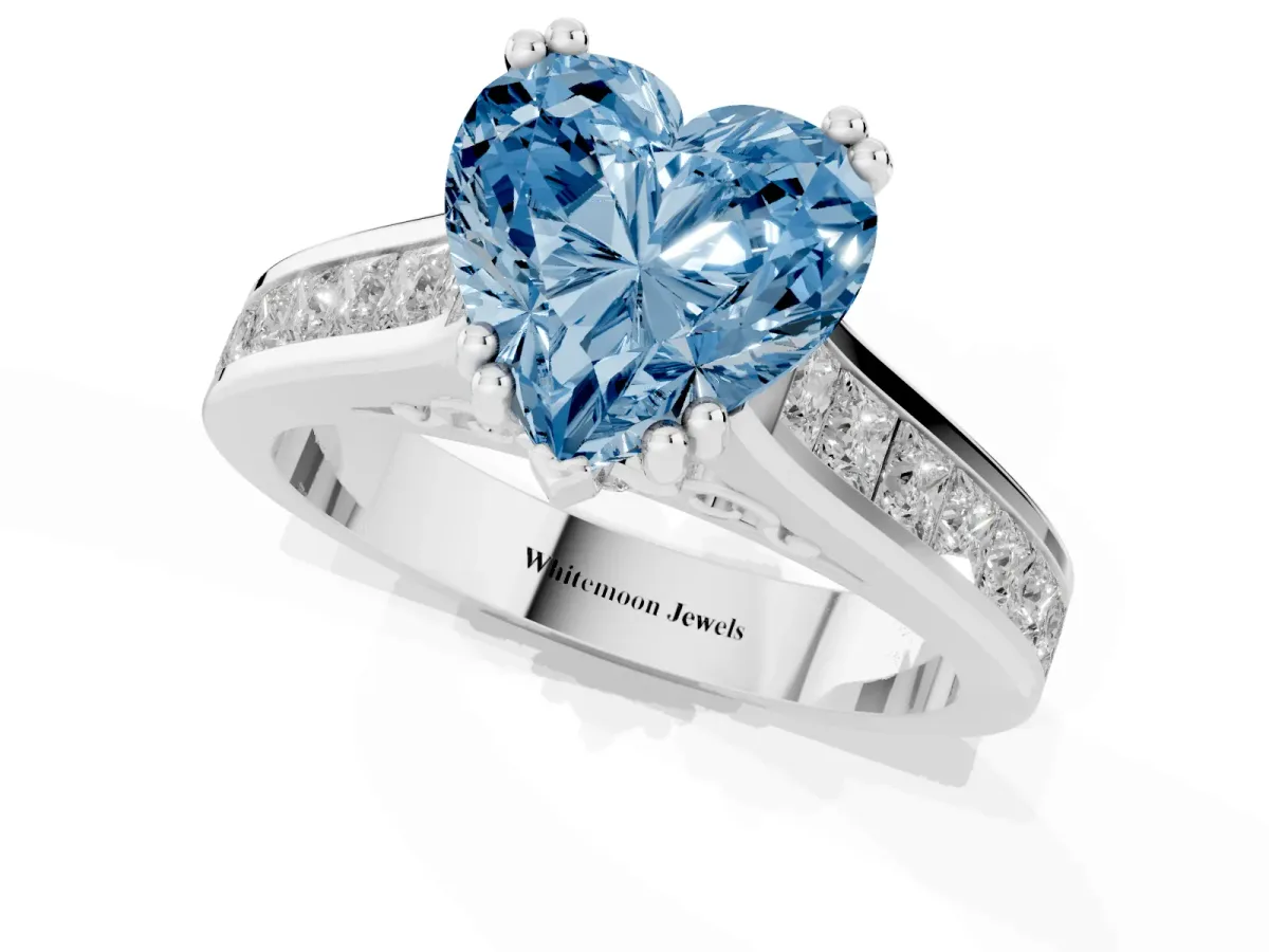 Fancy Blue Heart Cut Cut Channel Set Solitaire Engagement Ring with Prong Setting Platinum