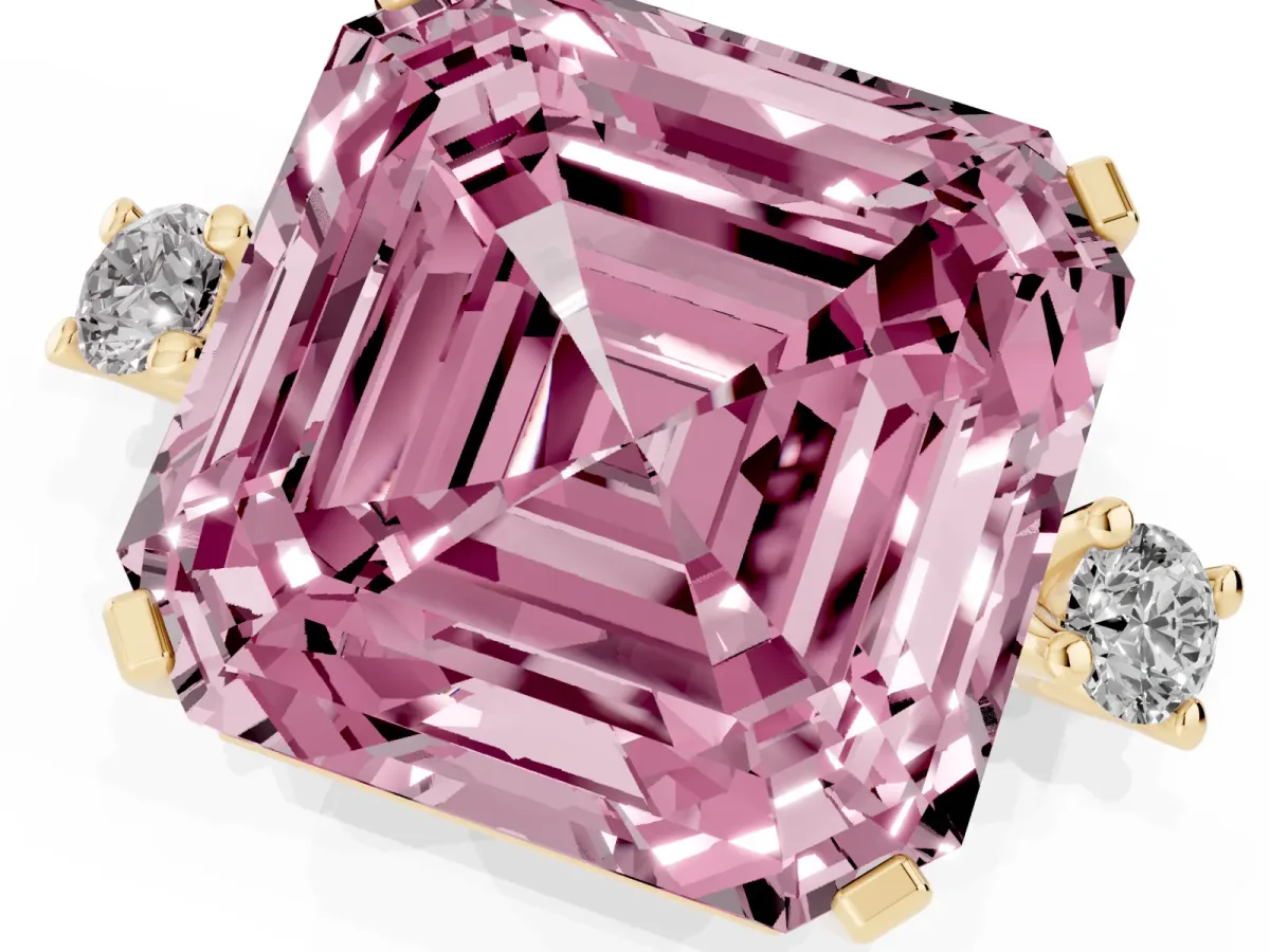 Fancy Pink Asscher Cut Cut Three-Stone Solitaire Ring with Round Accent Diamonds and Four-Prong Setting Yellow gold