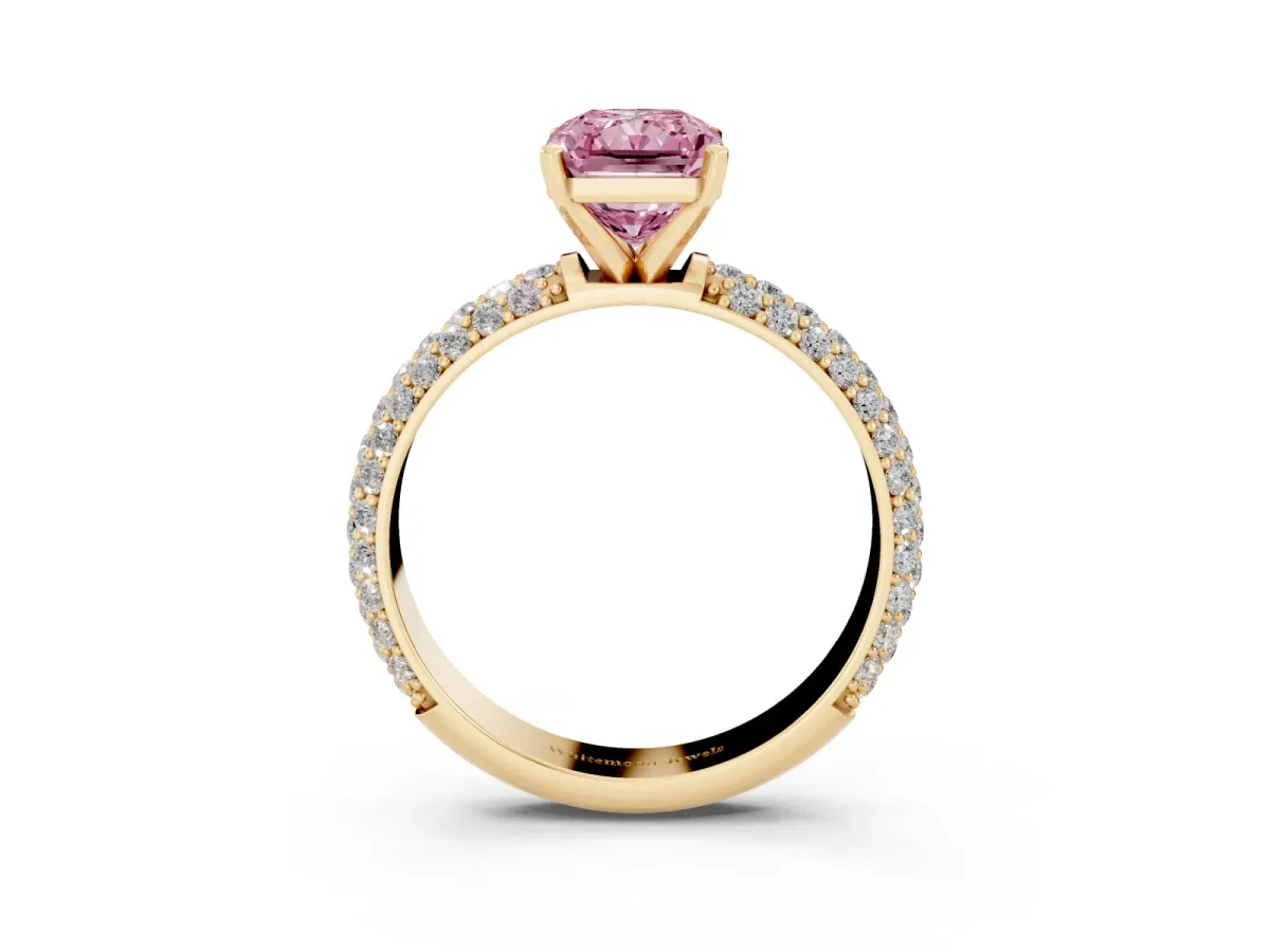 Fancy Pink Radiant Cut Diamond Solitaire Ring with Prong Setting and Pavé Band Yellow gold