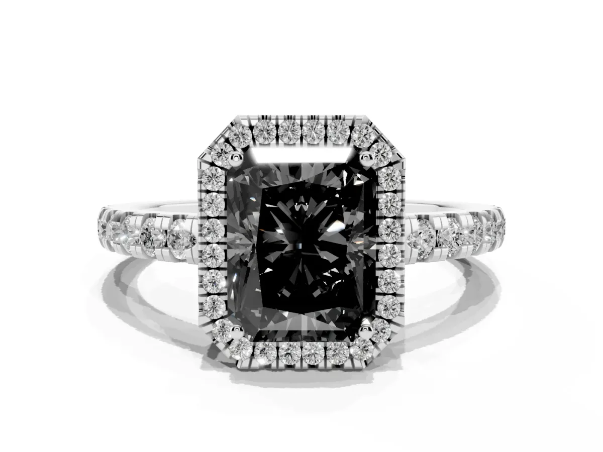Fancy Black Radiant Cut Diamond Halo Ring with Pavé Band and Four-Prong Setting Silver